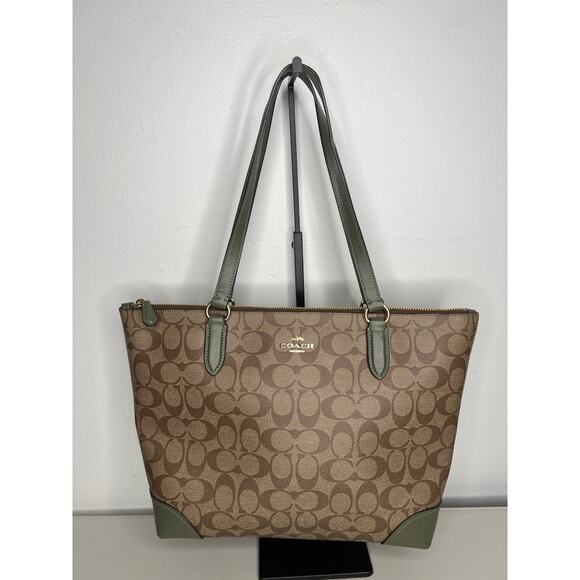 Coach Signature Canvas Zip Top Tote Bag F29208 Brown Green - Picture 1 of 10